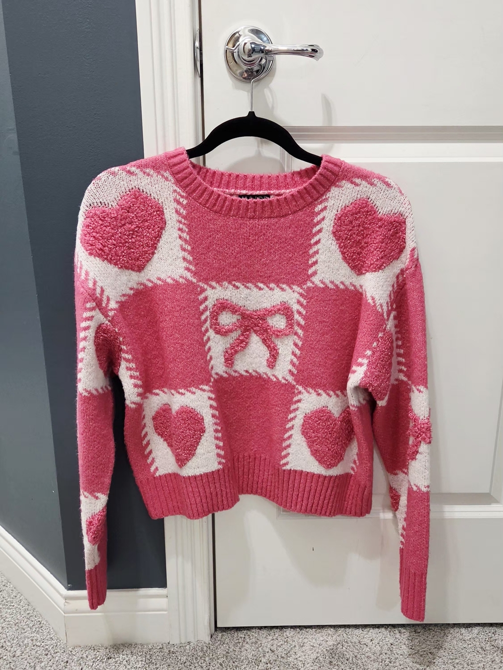 Major Label Group Pink Bow & Heart-Pattern Crewneck Sweater